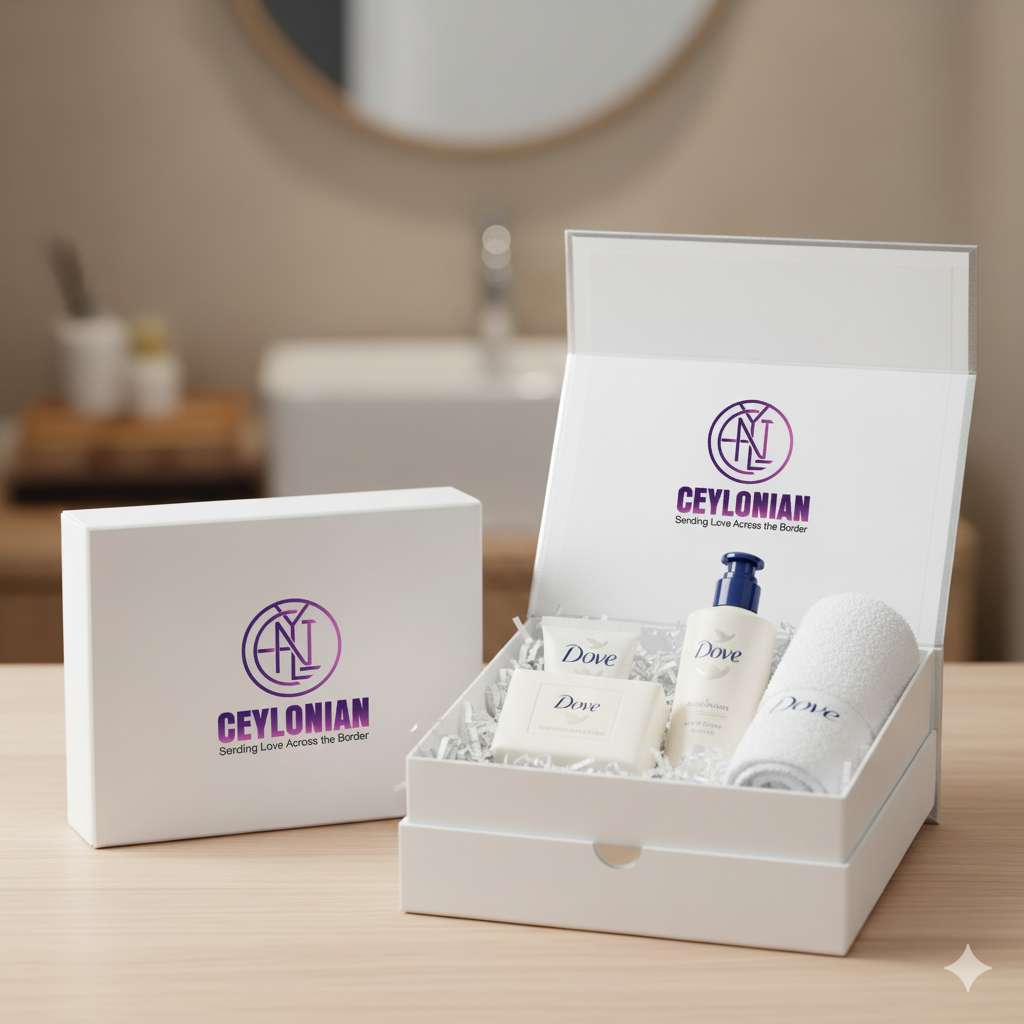Ceylonian branded gift set with Dove products on a bathroom counter